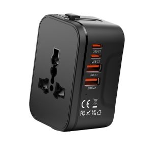 Universal travel adapter with 2 PD 20W USB-C and 2 QC 18W USB-A ports, fast charging international power plug adapter